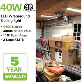 hykolity 4 Pack 4FT LED Wraparound Light 40W 4 Foot LED Shop Lights for Garage, [2-lamp 32W Fluorescent Equiv.] 4400lm 4000K Wrap Light, Flushmount Office Ceiling Light Fixture ETL Listed