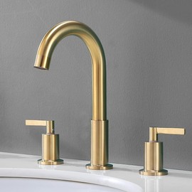 KINGO HOME Modern 3 Hole Widespread Brushed Gold Bathroom Faucet, Brushed Brass Gold Vanity Faucet with 2 Handles, Pop Up Drain Stopper