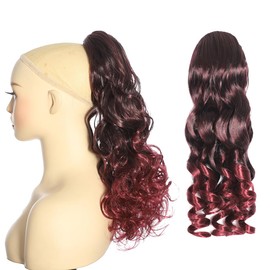 YUDAOHAIR 8 Inch Ponytail Extension Freedom Curl Clip In Curly Wavy Ponytail Extensions Drawstring Short Ponytail Hairpiece Ombre Black to Wine Red Synthetic Hair Pieces for Women
