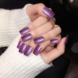 MISUD Square Fake Nails Noble Purple Pearl Shine Short Glossy False Nails Press-on Acrylic Nails for Gentle Lady and Fashion Women - Pearlescent Series