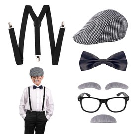 Old Man Costume Set for Kids, 6pcs Old Man Costume Accessories Old Man Costume Props with Hat Bow Tie Suspender Glasses Beard Eyebrows Pipe 100 Days of School Grandpa Costume for Kids Boys