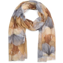 styleBREAKER women's scarf with colored Ginkgo Leaves leaf pattern print and short fringes, lightweight cloth, stole 01016208, Colour:Yellow-Brown