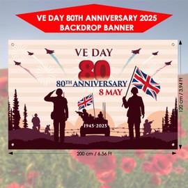 AhfuLife VE Day 80th Anniversary 2025 Backdrop Banner, 200 x 120cm Large Flag Banner for 80 Years VE Day Party Street Home Wall Decorations Memorabilia Flag