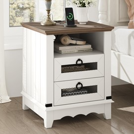 GAOMON Farmhouse Nightstand 18" inch Side Table with Charging Station Bedside Table with 2 Drawers Night Stand with 2 USB Ports End Table with Open Cubby Bedroom Living Room