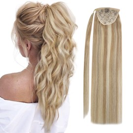Sunny Blonde Ponytail Extension Real Human Hair 24inch Caramel Blonde Mixed Bleach Blonde Long Pony Tails Hair Extensions Highlights Blonde Straight Ponytail Extension Human Hair 80g