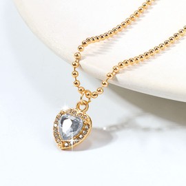 TseenYi Cz Heart Necklace Heart Gemstone Pendant Neckalce Gold Beaded Chain Necklace Crystal Love Pendant Necklace Small Love Choker Necklace Chain Jewelry for Women and Girls Gifts