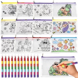 Liangding 12 Pencil Cases for Painting with 12 Wax Crayons Stackable (7 Colours in 1), Fabric Bag for Painting Children's Birthday, Fabric Bag Zip, Small Party Gifts for Children