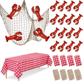 Silipull 24 Pcs Crawfish Boil Party Supplies Includes Lobster Balloons Crawfish Tablecloth Fish Net Decorative Aluminum Foil Balloons for Nautical Themed Birthday Party Decoration