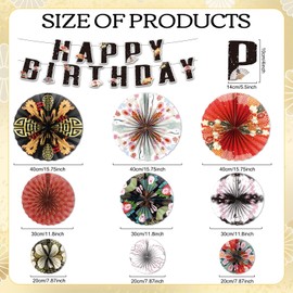 Lovarywow Japanese Hibachi Party Decorations, 11PCS Japanese Style Happy Birthday Banners Paper Fans Hanging Decor, Asian Chinese Baby Shower Wedding Birthday Party Supplies