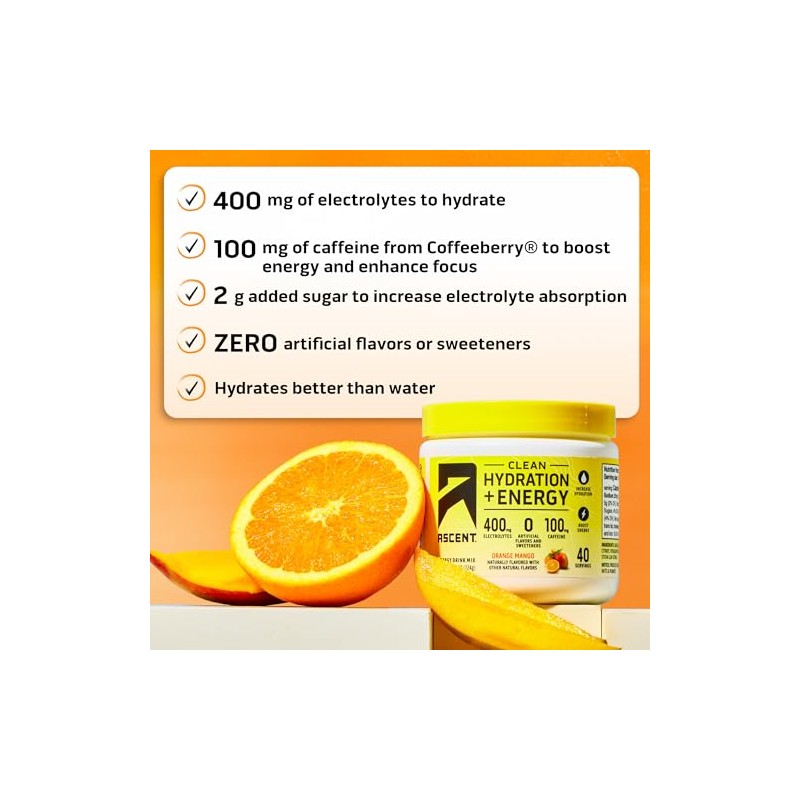 Ascent Clean Hydration Energy Electrolytes Powder - 100mg of Caffeine