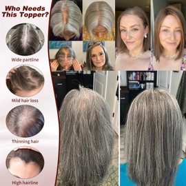 Uaismewow Hair Toppers for Women Real Human Hair 14inch Silver Grey Hair Toppers for Women with Thinning Silver Grey 4 Clips in Hair Pieces Breathable Silk Base with Babyhair for Summer
