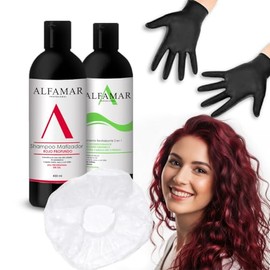 Kit Shampoo Matizador Rojo profundo y Tratamiento 2 en 1 Sin Sal ni Parabenos uso profesional, Intensifica rojos, caobas, Repara y Nutre Cabello Teñid