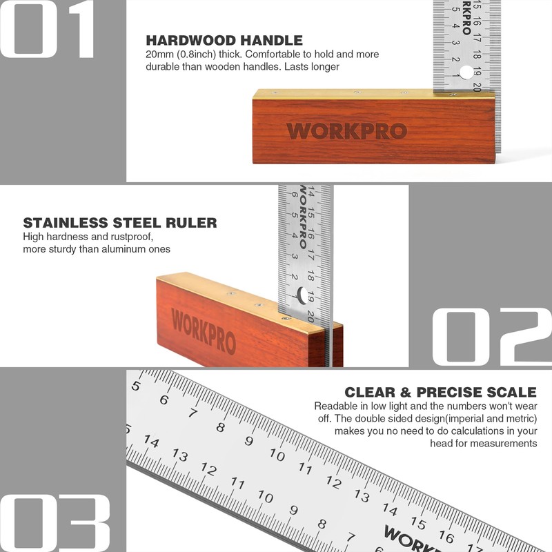 WORKPRO Carpentry Squares Set 2-Piece, Try Square 8-Inch/200mm, Adjustable Sliding
