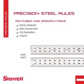 Starrett Spring Tempered Steel Rule with Satin Chrome Finish and Millimeter Graduation - 150mm Length, 37E Graduation Type, 1.2mm Thickness - C637E-150