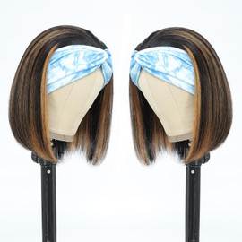 Highlight Short Headband Wig Human Hair Bob Wigs Headband Wigs for Black Women Human Hair 10 Inch Straight Hair With Head Band Ready to Go None Lace Half Wigs（1B/30,10 Inch）