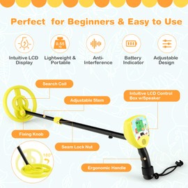 HONEY JOY Metal Detector for Kids, Waterproof Kids Metal Detector w/LCD Display, High Accuracy Adjustable(25"-33") Search Coil, Lightweight Gold Detector for Treasure Hunting Beginners, Junior & Youth