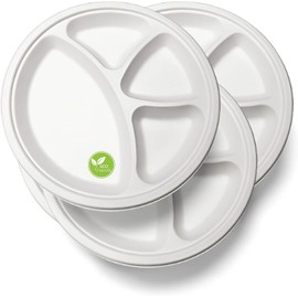 4 COMPARTMENT STRONG DISPOSABLE PLATES 11"/28cm Size PACK OF 25, USED FOR HOT & COLD FOODS, Biodegradable Dinner Plates, Ecofriendly Disposable Plates, Disposable Lunch Plates for Household Parties