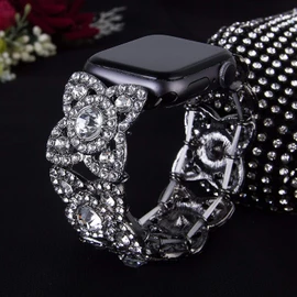 Vikoros - Correa para reloj Apple de 38 mm, 40 mm, 42 mm, 44 mm, Serie Iwatch 5, 4 3, 2 y 1 para mujeres, Bling Dressy Elástico Brazalete de metal con diamantes de imitación, Event, Negro, 42mm/44mm