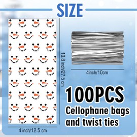JarThenaAMCS 100Pcs Christmas Cellophane Treat Bag Cute Snowman Face Plastic Candy Cookie Bags Cello Goodie Bags with Twist Ties for Xmas Winter Party Favors