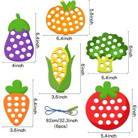 6 Pcs Lacing Toy Toddlers, Vegetable Wooden Threading Toys, Educational and Learning Montessori Activity Baby and Kids, Fine Motor Skill Toys, Pumpkin, Corn, Tomato, Eggplant, Broccoli, Carrot