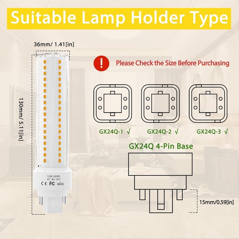 Lustaled LED Gx24q 4-Pin Base Light Bulb, 12W Gx24 PL