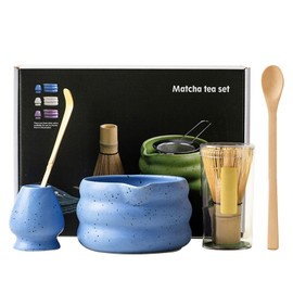 Matcha Tea Set with Whisk and Bowl, Bamboo Matcha Whisk and Ceramic Whisk Holder Set of 5 Matcha Kit for Ceremony(Blue)