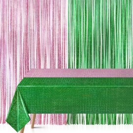 Just Shimmer 2 Pack Pink & Green Split Color Birthday Party Decorations, 1 Pcs Holographic Tablecloth & 1 Pcs Tinsel Curtain Combo for Wedding, Bachelorette, and Festive Events