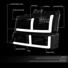 D SOLUTIONS LED DRL Headlights Assembly Compatible with 2003-2007 Chevy Silverado 1500HD 2500HD 3500/03-06 Avalanche 1500 2500, F-Pattern LED & Bumper Lights, Black Housing Smoked Lens Clear Corner