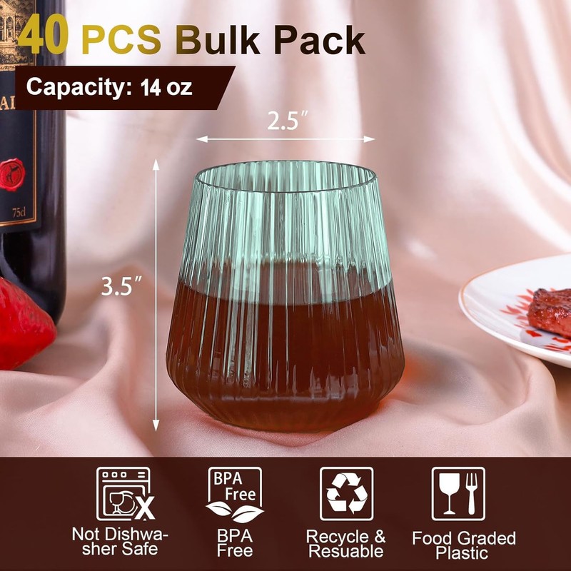 Lueumxc 40 Pack Plastic Ribbed Wine Glasses, 14Oz Origami Disposable