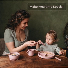 Silicone Baby Feeding Set–100% Food Grade Silicone, Complete Baby Led Weaning Supplies Set w/Suction Plate, Bowl, Cup, Bib &Training Spoons, Toddler Utensils, Dishwasher Safe,Baby Utensils 6-12 Months