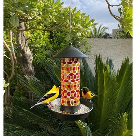 Lily's Home Mosaic Glass Hanging Bird Feeder for Outside Wild Birds. with Short Perches for Small to Medium Birds. Deter Grackles, Dove and Blackbirds - Cardinal Feeders for Outdoors. Outdoor Decor