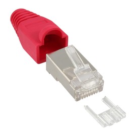 Crimp connector RJ45 shielded, InLine®, with bend protection and threader, 10pcs pack, red