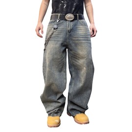 DFGIGT Mens Streetwear Hip Hop Baggy Jeans Wide Leg Skater Denim Pants Loose Long Trousers Jinco Oversized Relaxed Y2k 2000s Extreme Skateboard Nostalgia,B10 Retro Blue,Small