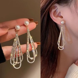 Rhinestone Pearl Long Tassel Dangle Earrings Sparkly Crystal WaterDrop Teardrop Pearl Drop Earrings Elegant Wedding Party Bridal Jewelry Gift (g)