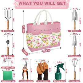 22PCS Garden Tools Set for Women,Heavy Duty Hand Tool Kit Included Handy Tote Bag/Trowel/Repotting Mat/Rake/Pruner/Gloves/Plant Tags,Garden Supplies Gardening Gifts for Beginner Mom-Pink