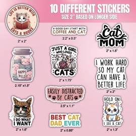 (10pcs) Cat Stickers Cute Funny Cat Stickers Pack Cat Stickers for Water Bottles, Multiple Different Design, Waterproof, UV- Resistant, Suitable for Tumbler, Laptop, Car, Truck