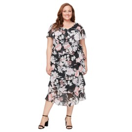 S.L. Fashions Women's Tiered Spring/Summer Wedding Guest, Cocktail Dress, Special Occasion (Plus Size), Black Floral Pink