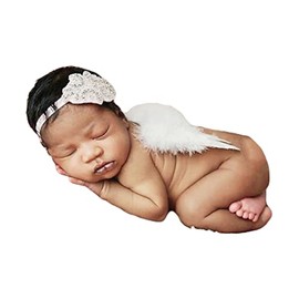 Nishine 2 PACK White Newborn Feather Angel Wings + Headband for Baby Cosplay Girls Costume Photography (Rhinestone Flower)