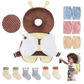 Baby crawling mat safety mat adjustable baby head protection backpack with knee pads and non-slip socks for falling, crawling and walking (Coffee bee)