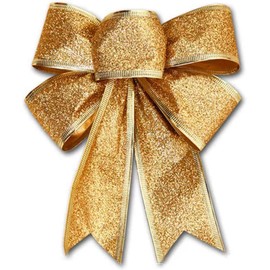 Golden Christmas Bows Outdoor Decorations Large Glitter Christmas Tree Topper Bow with Glitter Gold Edge for Xmas Home Front Door Decor Indoor Outdoor Decoration Supplies7.09”x16.14” (Golden)