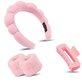 GeorgeX Bandas para Cabello Mujer, 4 Piezas Diademas para Cabello con Ajustable y Muñequeras Absorbentes, Muñequeras Skincare para Ducharse, Lavarse y Desmaquillaje(Rosado)