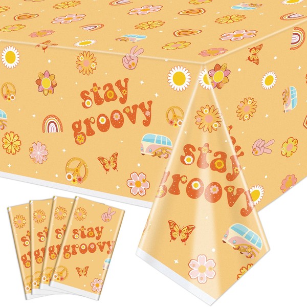 4 Pack Stay Groovy Tablecloth, Retro Hippie Boho Party Table Cover, 51x87'' Plastic Disposable Tablecloths Rainbow Daisy Flower Party Decorations for Boho Retro Theme 60s 70s Party Decor Supplies