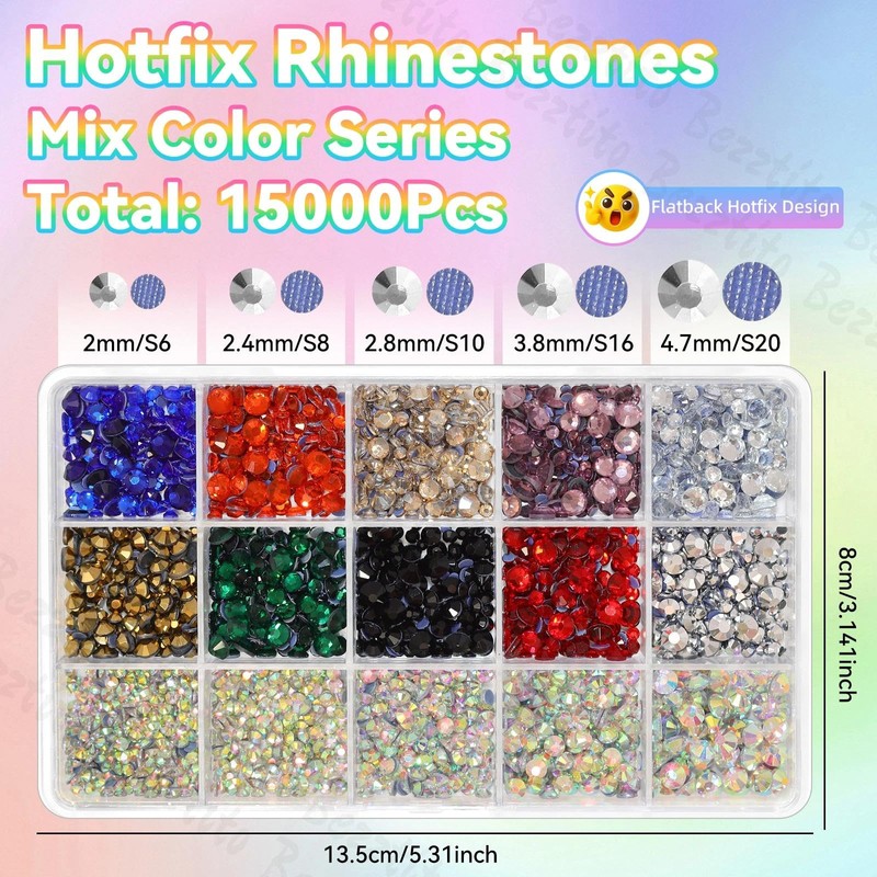 15000Pcs Colorful Flatback Hotfix Rhinestones for Bedazzling, Hotfix Gems