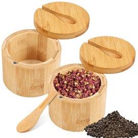 Generic Salt and Pepper Bowls Bamboo Pepper Salt Box with Magnetic Swivel Lid and Spoon 2 Piece Set Salt Cellar and Storage Box Seasoning Container for Salt Pepper Spice Sugar ~(9 * 7cm)