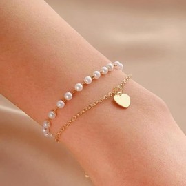 Gold Layered Pearl Heart Bracelet for Women,Dainty Charming Bohemian Beaded Statement Bracelet,Trendy Wedding Brides Bridesmaids Jewelry Accessories(Gold)