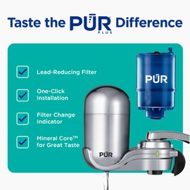 PUR PLUS Vertical Faucet Mount Water Filtration System, Lead-Reducing Filter, Great-Tasting Water, Easy Install, Lasts 100 Gallons, Compatible with Sinks with External Aerators, Chrome