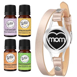 Wild Essentials MOM Essential Oil Leather Wrap Bracelet Diffuser Kit, Gift Set, Lavender, Lemongrass, Peppermint, Orange Oils, 12 Pads, Customizable Color Changing Perfume Jewelry, Aromatherapy