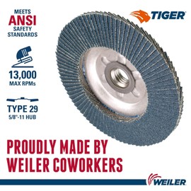 Weiler 50516 Tiger Abrasive Flap Disc, Type 29, Round Hole, Aluminum Backing, Zirconia Alumina, 4-1/2" Dia., 120 Grit (Pack of 10)