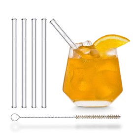 Halm glass straws, reusable drinking straws - 6 pieces, straight, 15 cm + plastic-free cleaning brush - dishwasher safe - sustainable - glass drinking straws, glass straws for long drinks, smoothies, juices, Cutlery, transparent