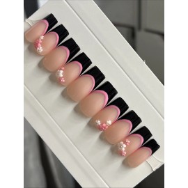 Handmade  CUSTOM Press On Nails FRENCH BLACK  Flower PINK 10p SET W Kit